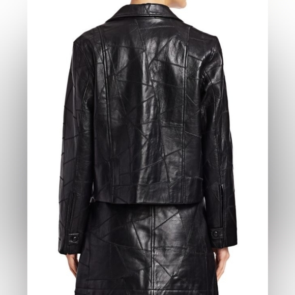 Ganni Patch Leather Jacket Sz 42/ US Sz 10 Black Snap Closure Front Pockets Nwot - Picture 6 of 7